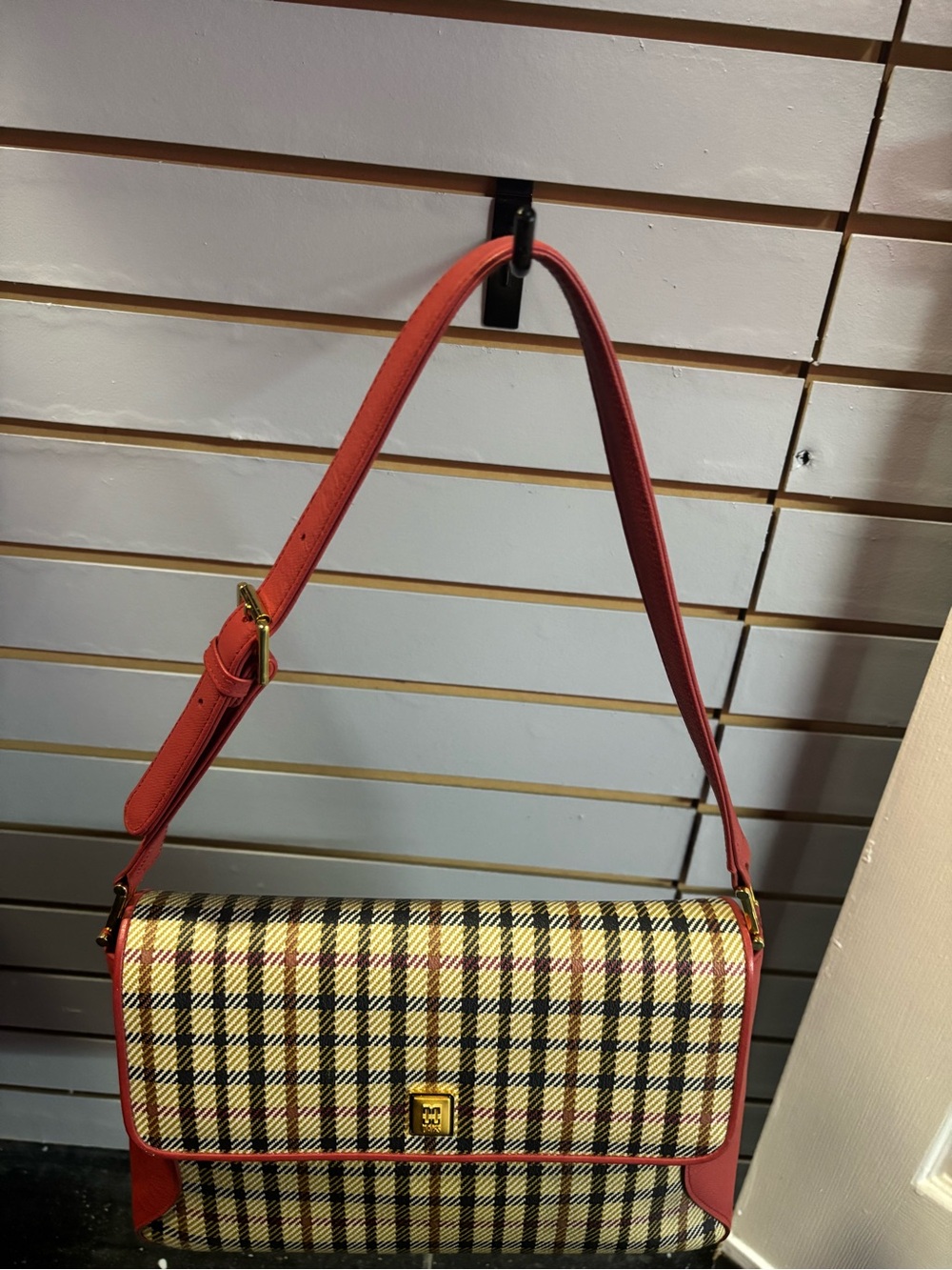 Plaid Shoulder Bag with Red Trim and Adjustable Strap